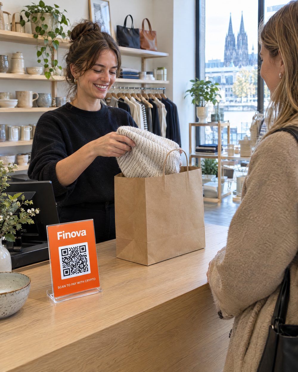 Shop assistant packs a customer's purchase; an orange Finova QR stand sits on the checkout counter