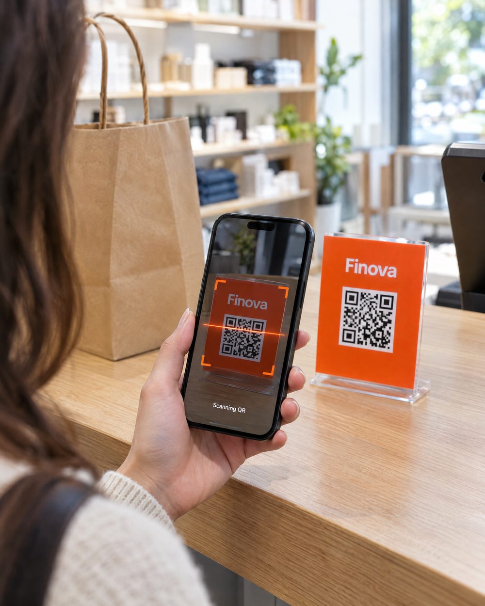Customer points her phone camera at the Finova QR code on the counter