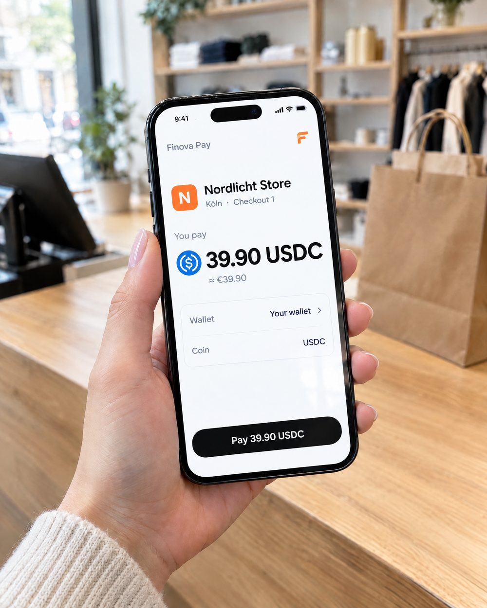 Phone screen shows 39.90 USDC to pay at Nordlicht Store
