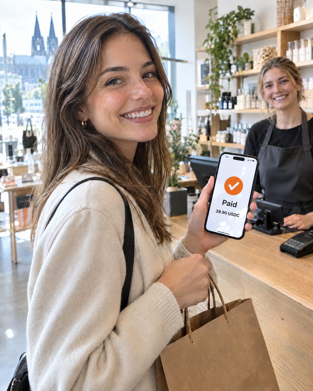 Smiling customer holds her shopping bag and a phone showing Paid